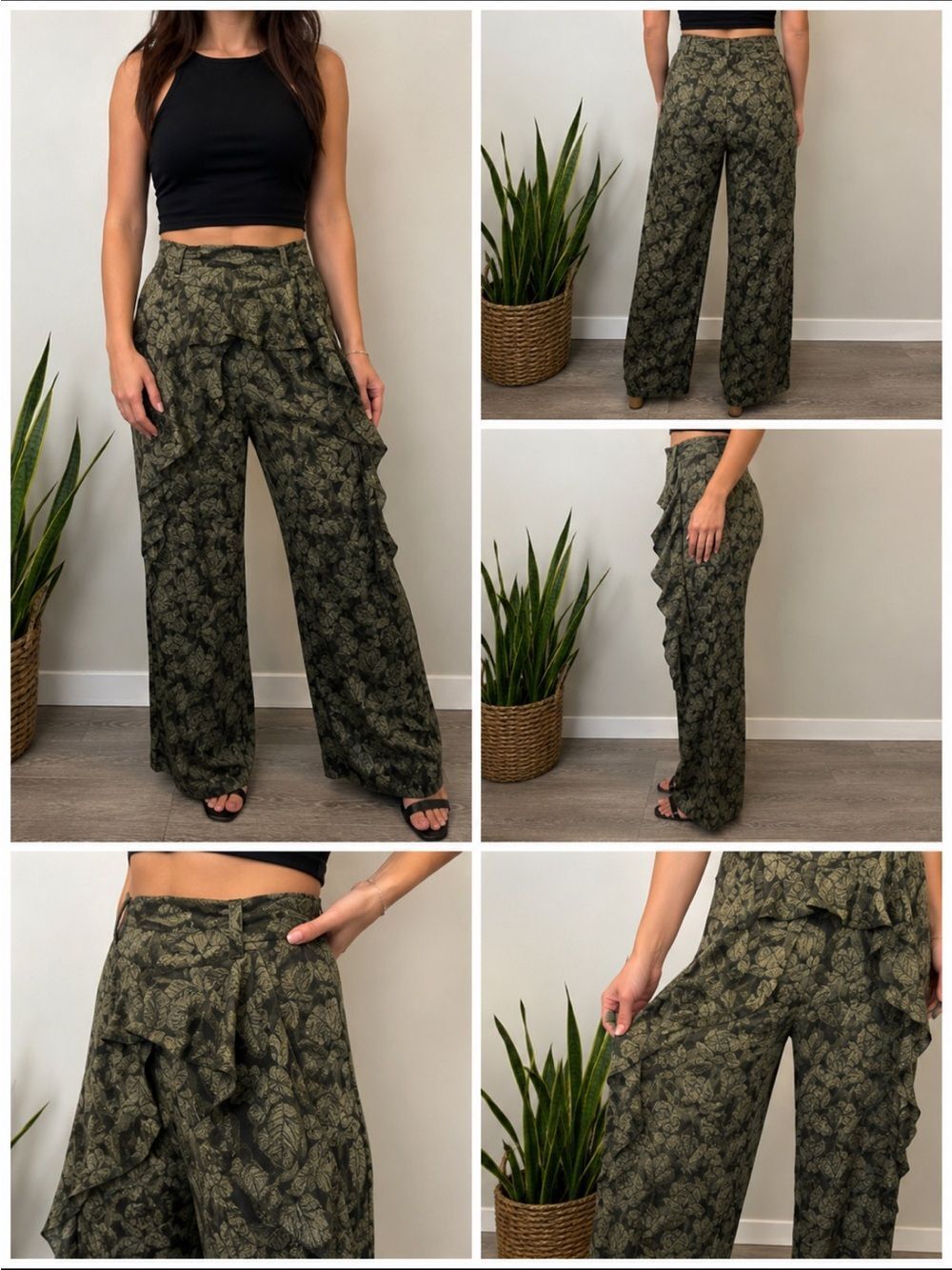 Anne Fontaine Leaf Pattern Wide Leg Pants in Dark Green, US4